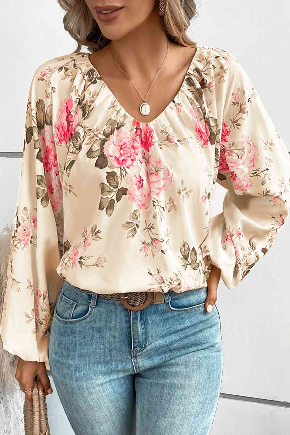 Floral V-Neck Balloon Sleeve Blouse - Ladyez