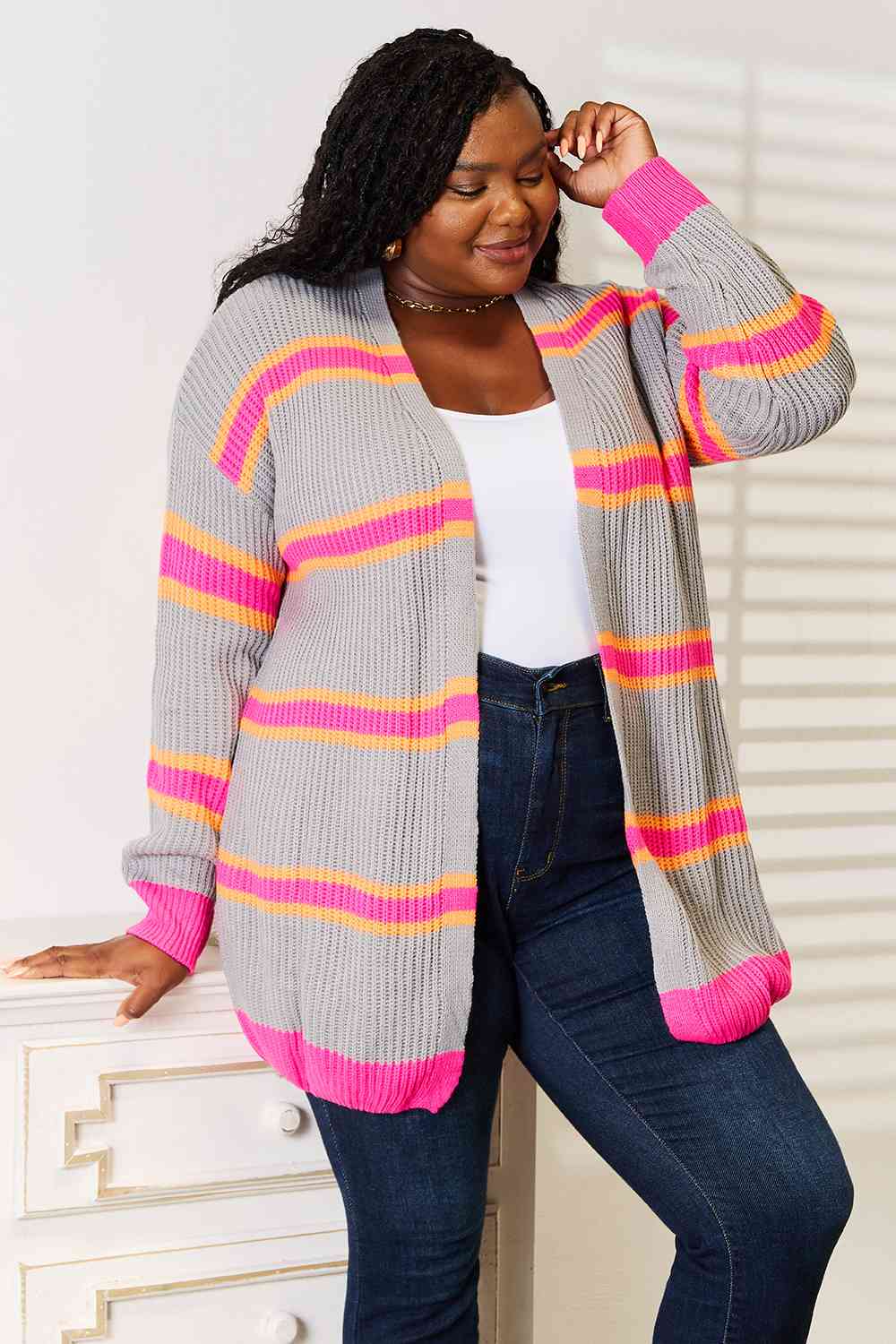 Woven Right Ribbed Long Sleeve Cardigan - Ladyez