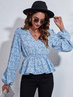 Floral V-Neck Balloon Sleeve Peplum Blouse - Ladyez