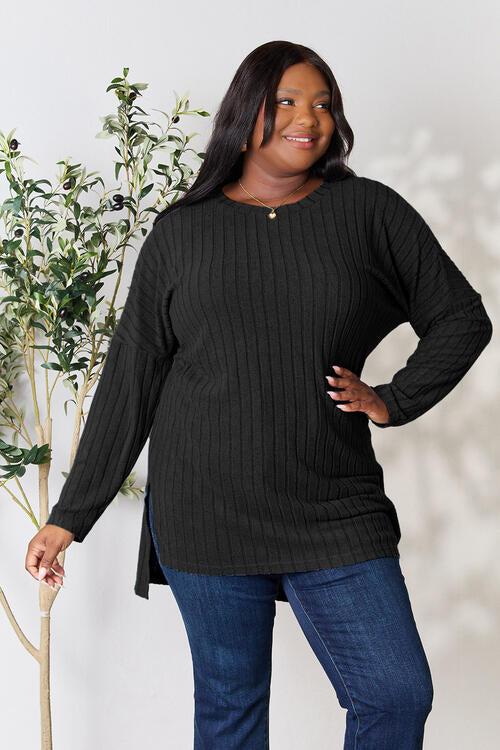 Basic Bae Full Size Ribbed Round Neck Long Sleeve Slit Top - Ladyez