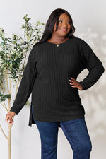Basic Bae Full Size Ribbed Round Neck Long Sleeve Slit Top - Ladyez