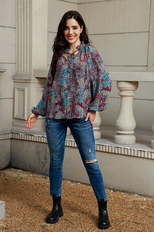 Tie Neck Heathered Balloon Sleeve Blouse - Ladyez
