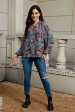 Tie Neck Heathered Balloon Sleeve Blouse - Ladyez