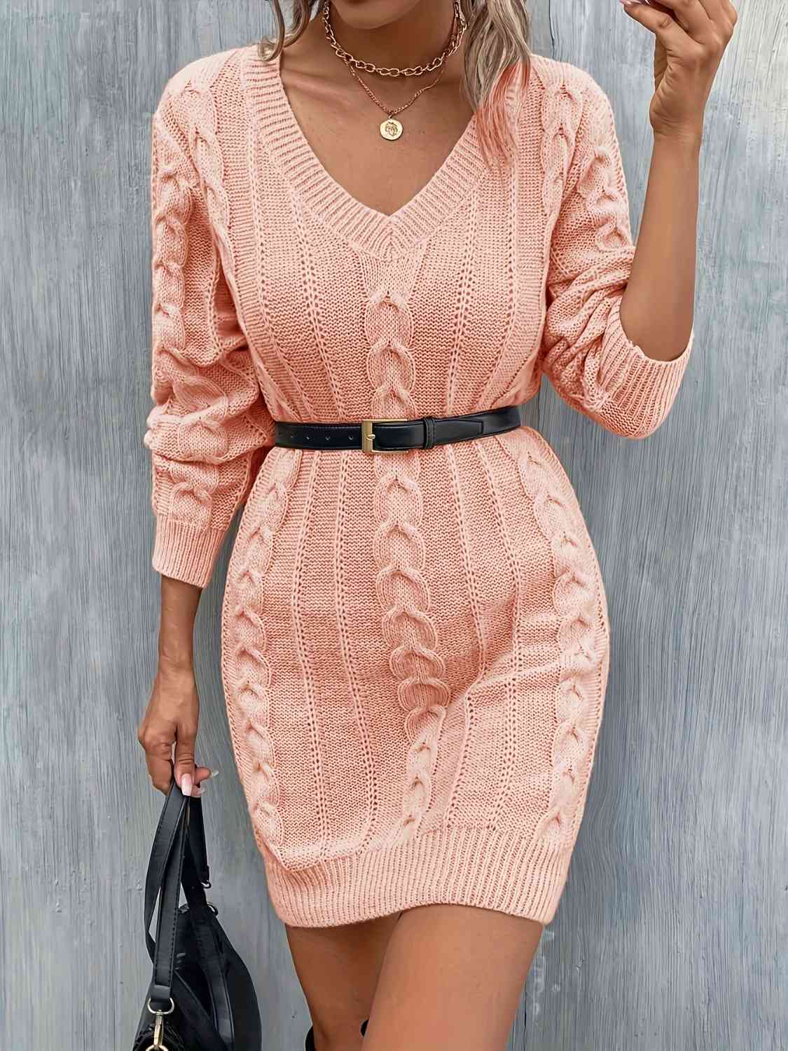 Cable-Knit V-Neck Sweater Dress - Ladyez