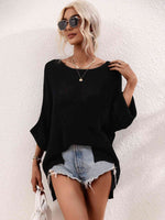 Boat Neck Cuffed Sleeve Slit Tunic Knit Top - Ladyez