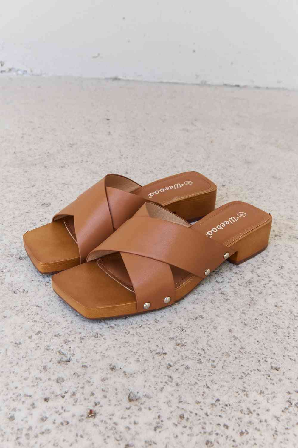 Weeboo Step Into Summer Criss Cross Wooden Clog Mule in Brown - Ladyez