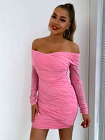 Glitter Ruched Off-Shoulder Long Sleeve Bodycon Dress - Ladyez