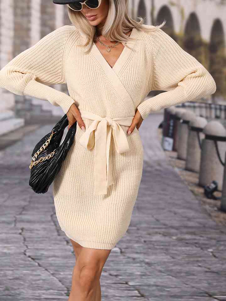 Surplice Neck Tie Waist Sweater Dress - Ladyez