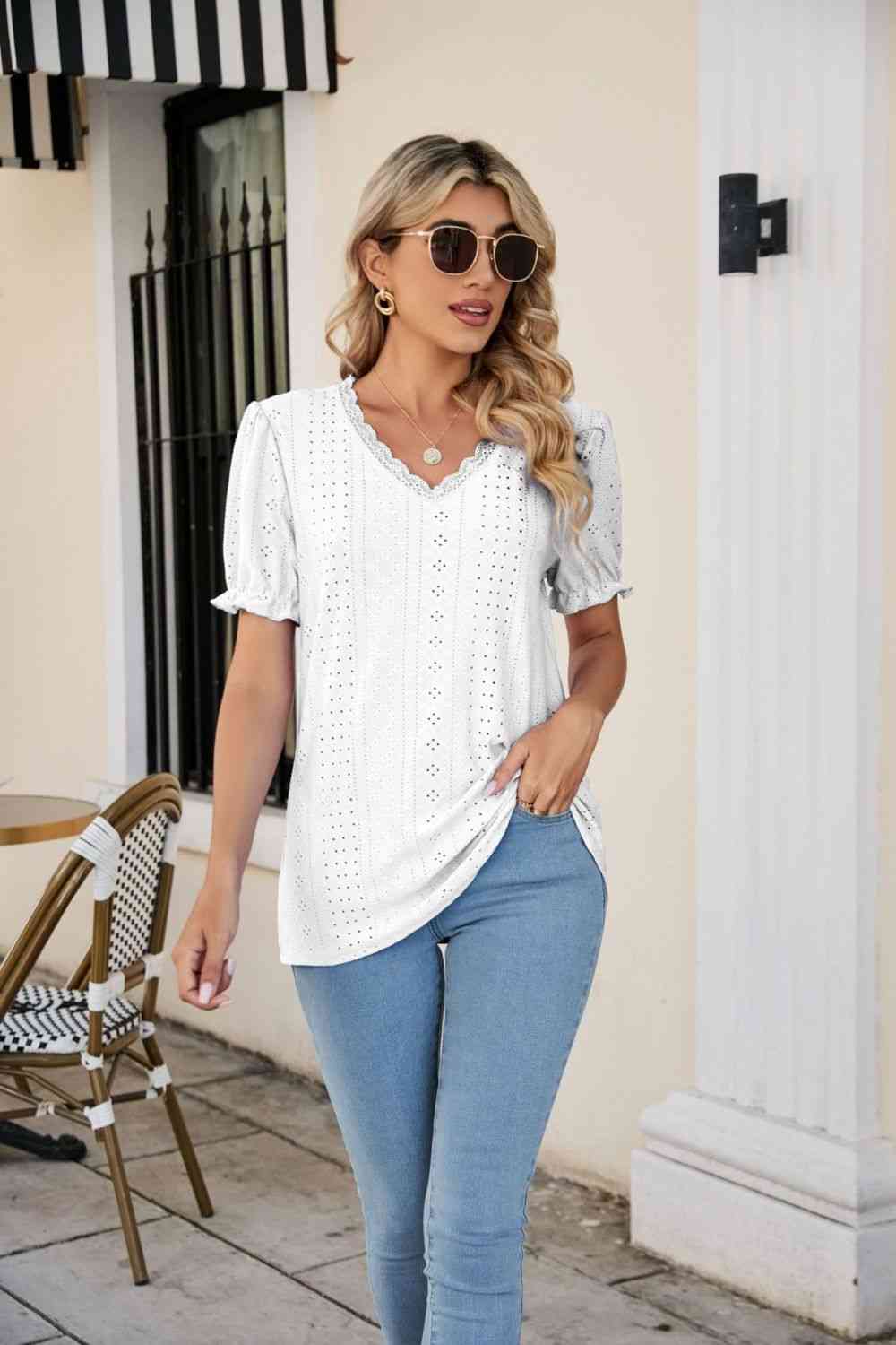 Eyelet Flounce Sleeve Scalloped V-Neck Top - Ladyez