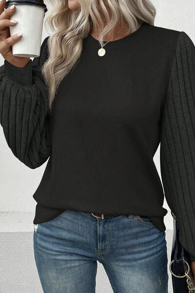 Ribbed Round Neck Long Sleeve Knit Top - Ladyez
