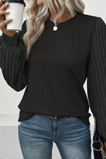 Ribbed Round Neck Long Sleeve Knit Top - Ladyez