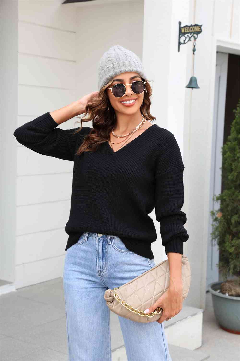 Ribbed V-Neck Dropped Shoulder Knit Top - Ladyez