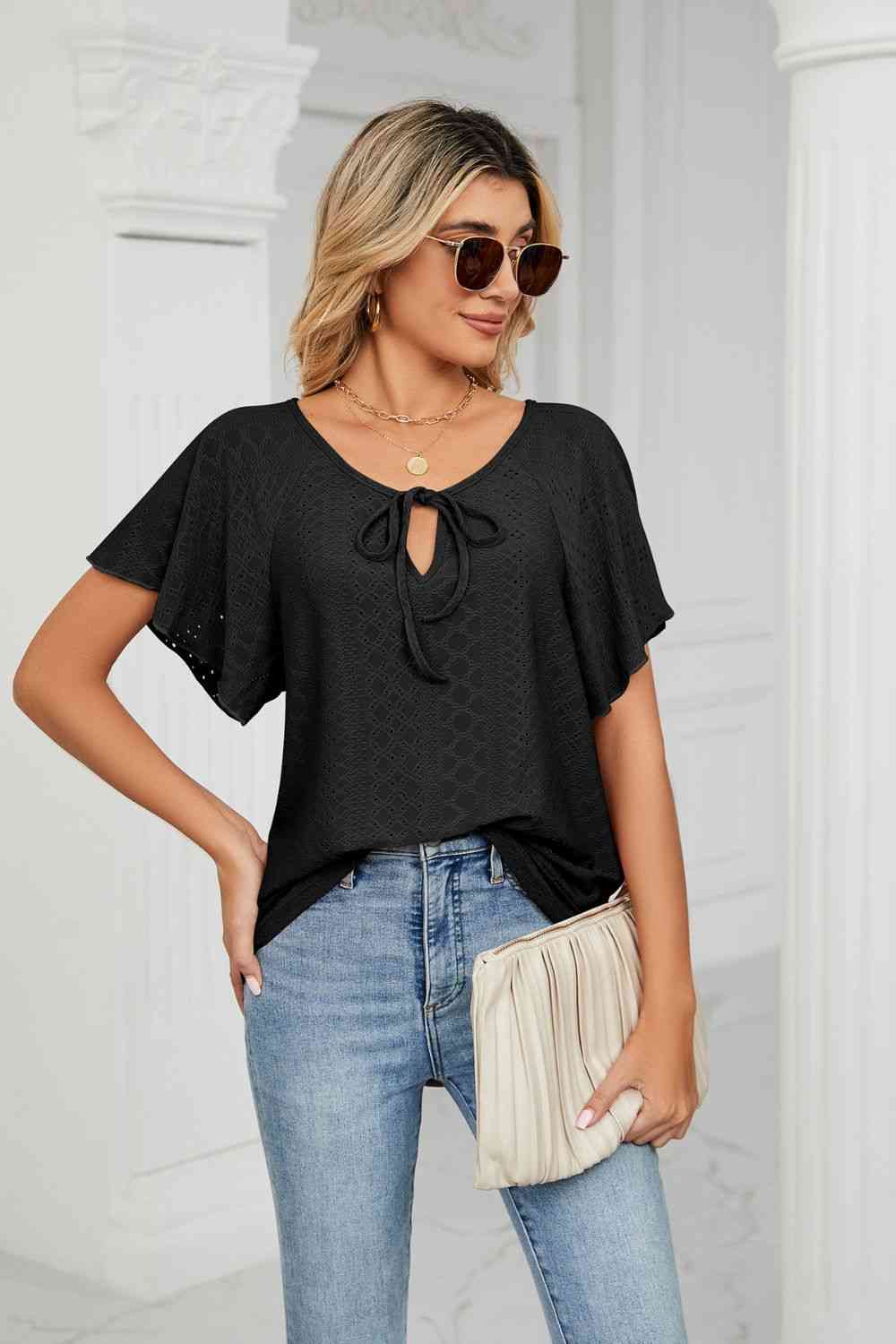 Eyelet Tie-Neck Flutter Sleeve Top - Ladyez