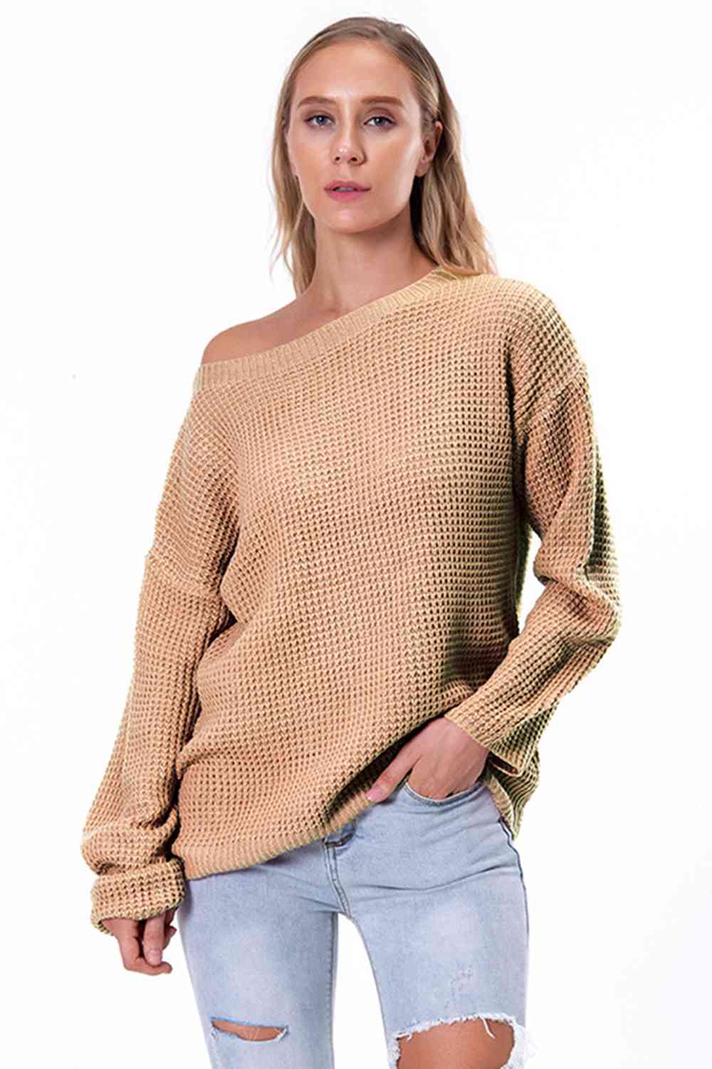 Boat Neck Drop Shoulder Long Sleeve Sweater - Ladyez