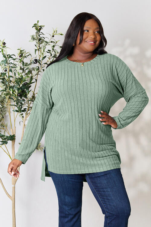 Basic Bae Full Size Ribbed Round Neck Long Sleeve Slit Top - Ladyez