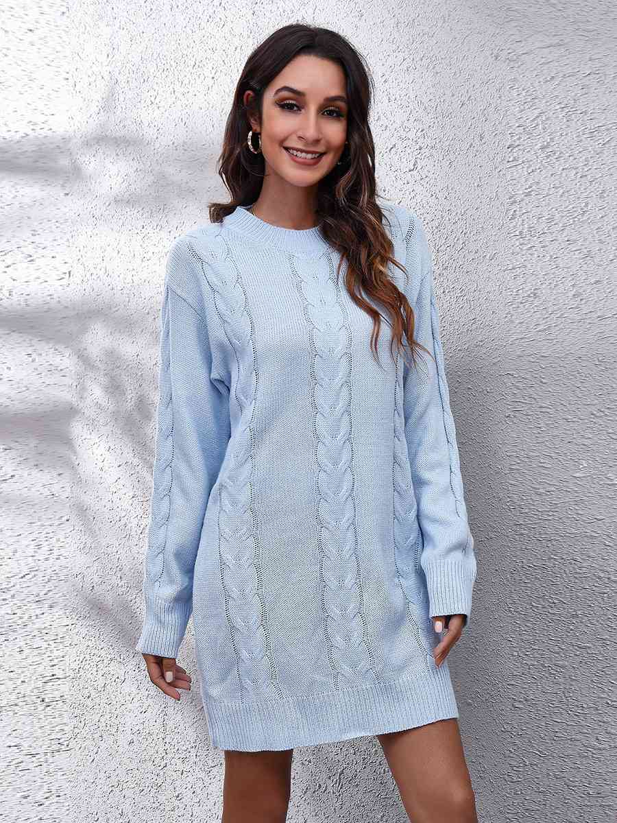 Cable-Knit Round Neck Sweater Dress - Ladyez
