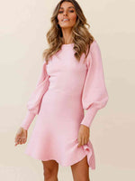 Round Neck Lantern Sleeve Sweater Dress - Ladyez