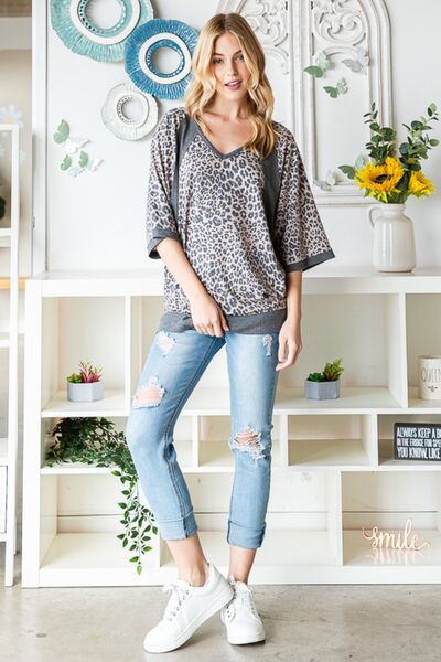 Heimish Full Size Leopard Contrast V-Neck Half Sleeve T-Shirt - Ladyez