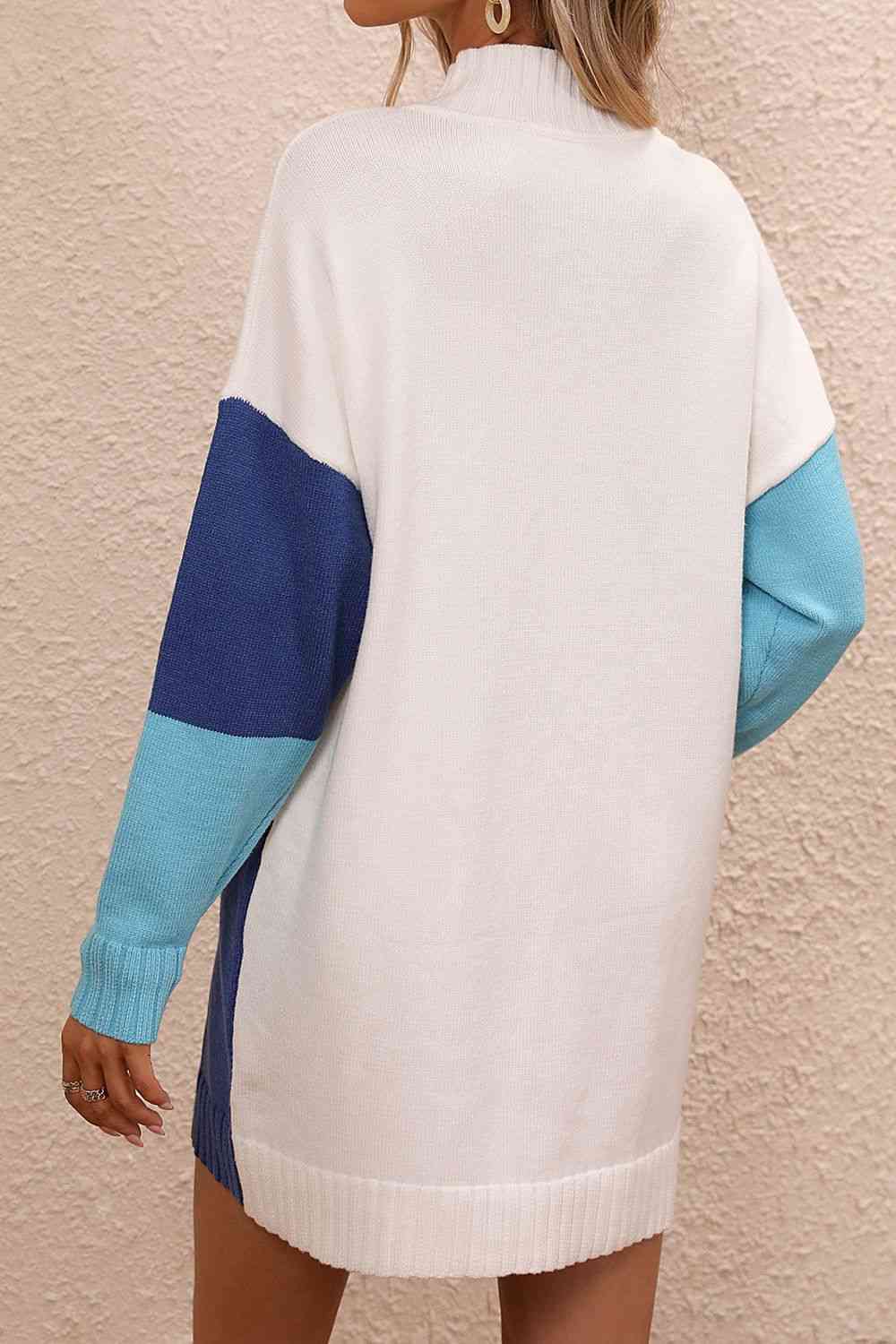 Color Block Mock Neck Dropped Shoulder Sweater Dress - Ladyez