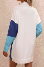 Color Block Mock Neck Dropped Shoulder Sweater Dress - Ladyez
