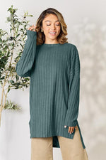 Basic Bae Full Size Ribbed Round Neck Long Sleeve Slit Top - Ladyez