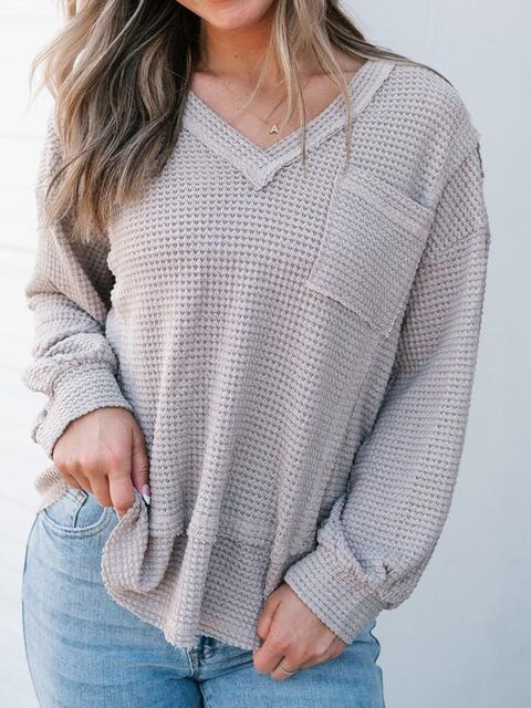 Waffle-Knit V-Neck Blouse with Breast Pocket - Ladyez