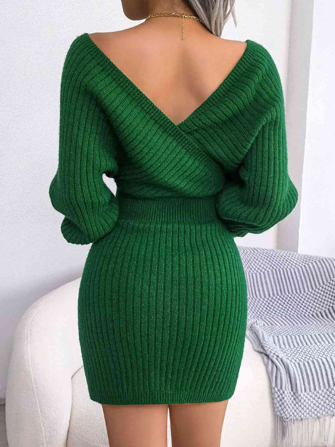 Rib-Knit Dolman Sleeve Sweater Dress - Ladyez