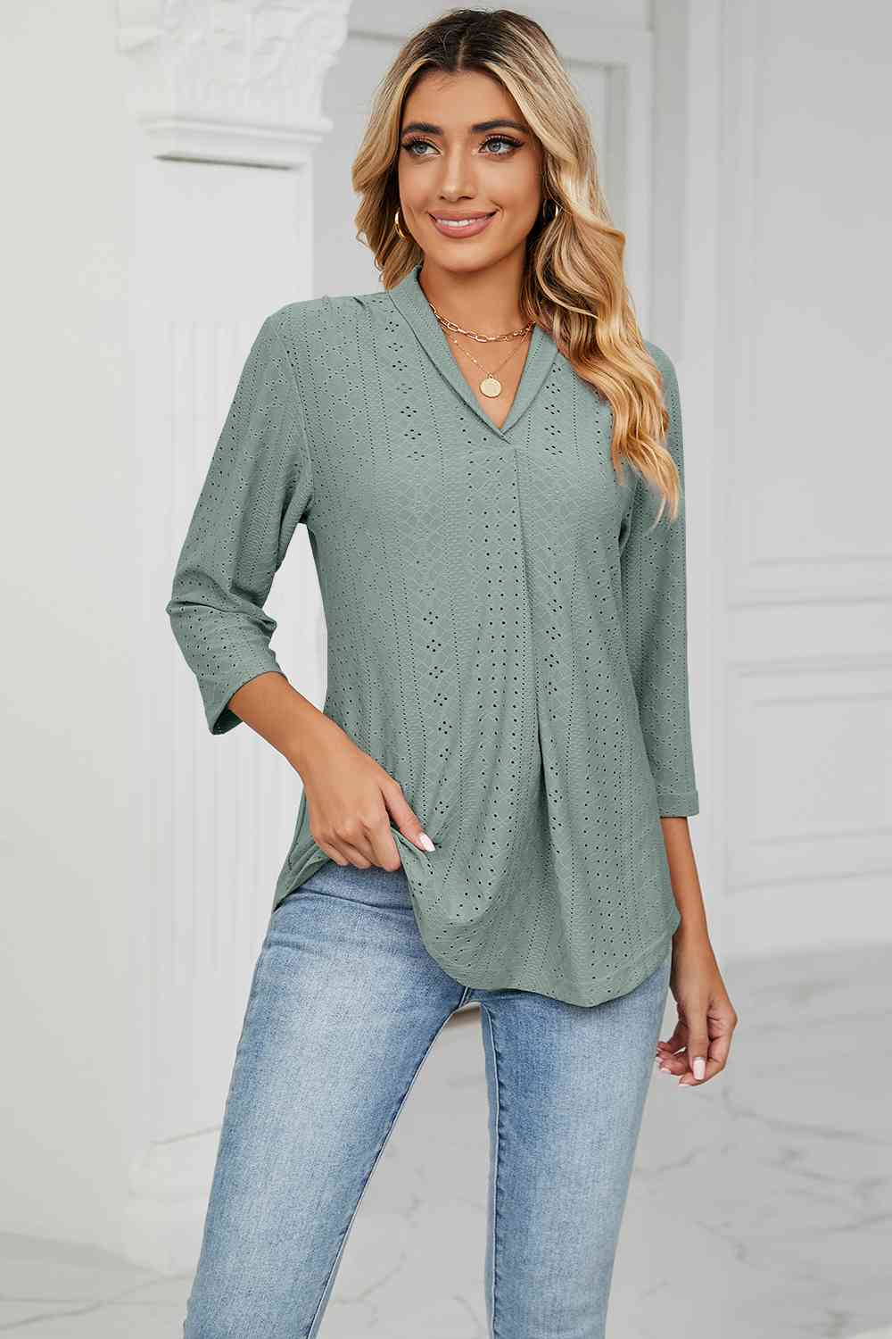 Eyelet Three-Quarter Sleeve Blouse - Ladyez