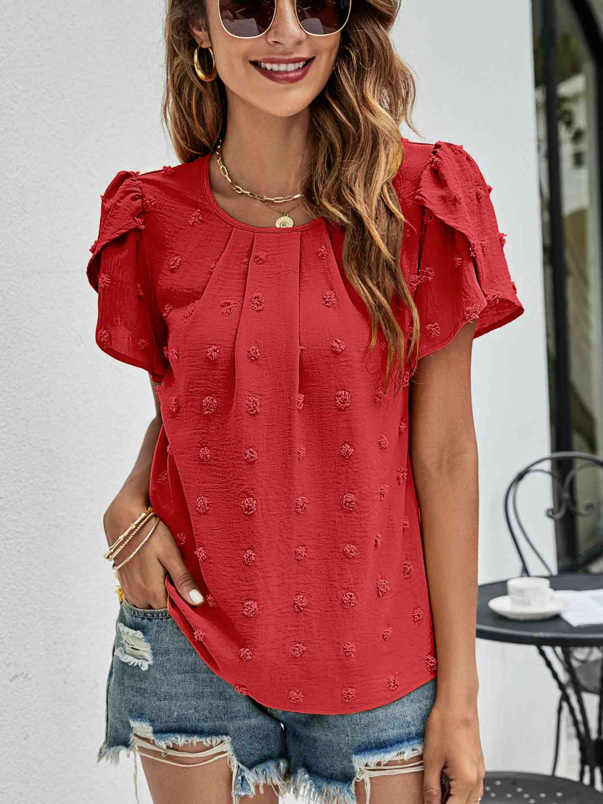Swiss Dot Round Neck Petal Sleeve Top - Ladyez