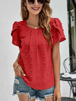 Swiss Dot Round Neck Petal Sleeve Top - Ladyez