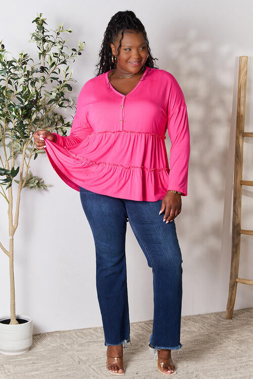 Double Take Half Button Long Sleeve Ruffle Hem Blouse - Ladyez