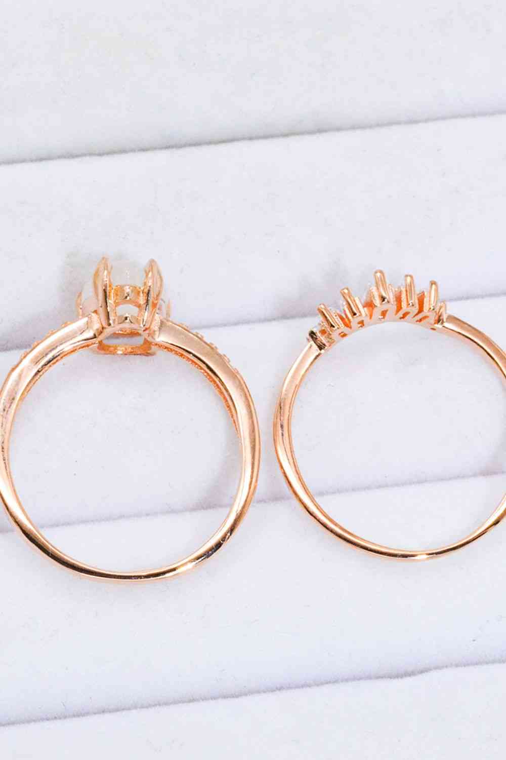 Natural Moonstone and Zircon 18K Rose Gold-Plated Two-Piece Ring Set - Ladyez