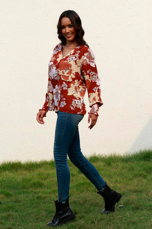 Floral V-Neck Smocked Lantern Sleeve Blouse - Ladyez