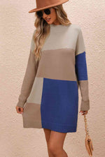 Color Block Mock Neck Dropped Shoulder Sweater Dress - Ladyez