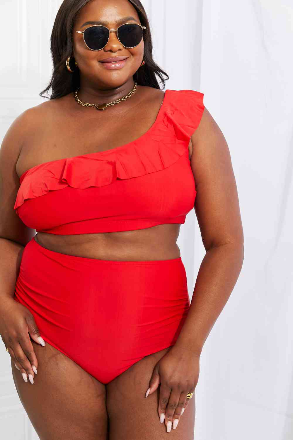Marina West Swim Seaside Romance Ruffle One-Shoulder Bikini in Red - Ladyez