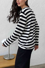 Striped Round Neck Long Sleeve Sweater - Ladyez