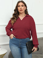 Plus Size Ribbed Collared Neck Long Sleeve Blouse - Ladyez