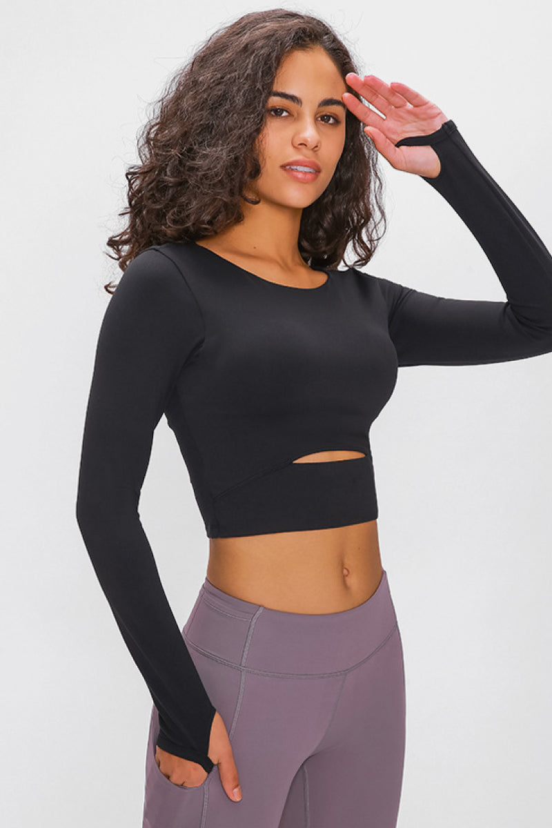 Long Sleeve Cropped Top With Sports Strap - Ladyez