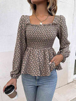 Printed Square Neck Long Sleeve Blouse - Ladyez