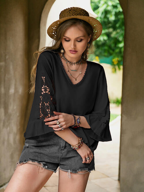 Double Take Plus Size Flower Crochet Flare Sleeve Top - Ladyez
