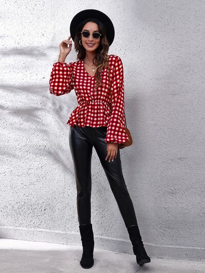 Plaid V-Neck Balloon Sleeve Peplum Blouse - Ladyez
