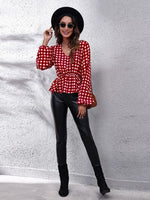 Plaid V-Neck Balloon Sleeve Peplum Blouse - Ladyez
