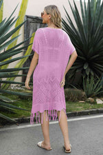 V-Neck Short Sleeve Fringe Hem Knit Dress - Ladyez