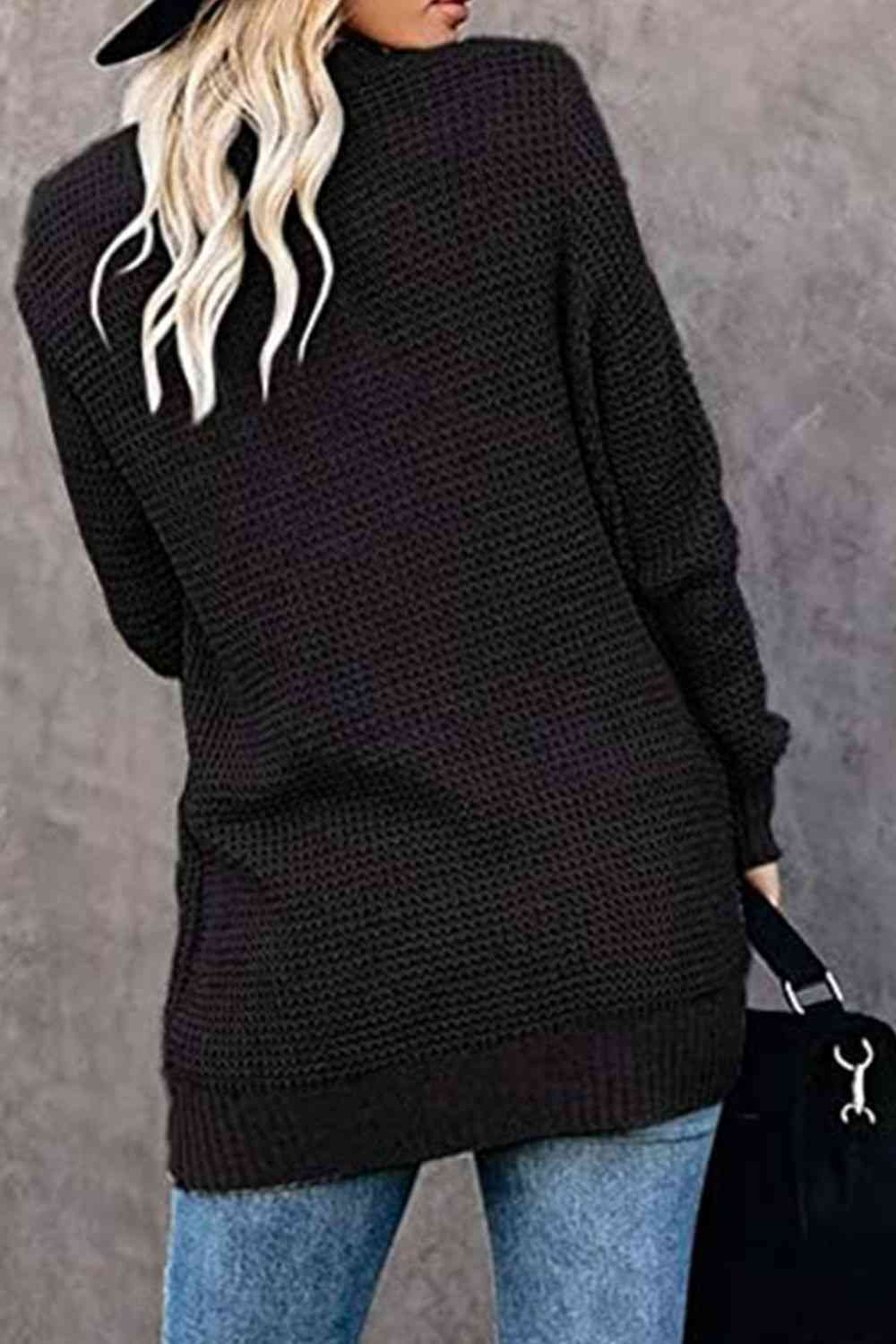 Open Front Rib-Knit Cardigan with Pockets - Ladyez