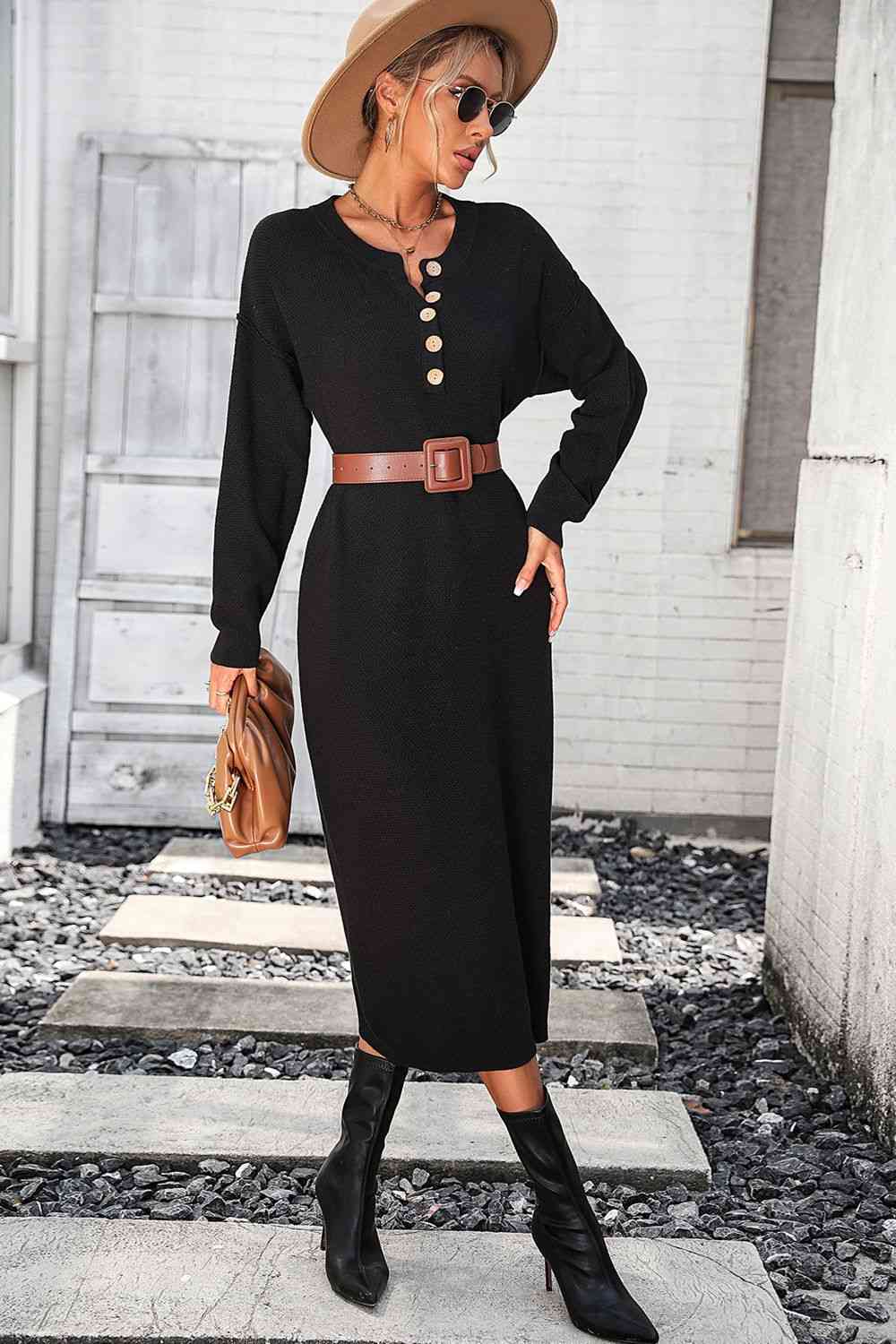 Notched Neck Dropped Shoulder Button-Down Midi Dress - Ladyez