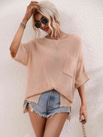 Boat Neck Cuffed Sleeve Slit Tunic Knit Top - Ladyez
