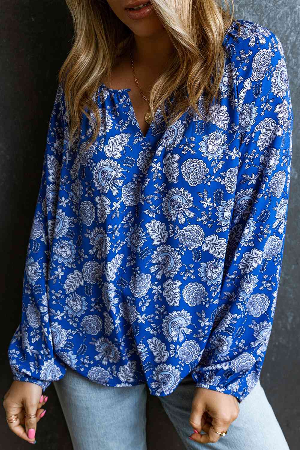 Floral Notched Neck Balloon Sleeve Blouse - Ladyez
