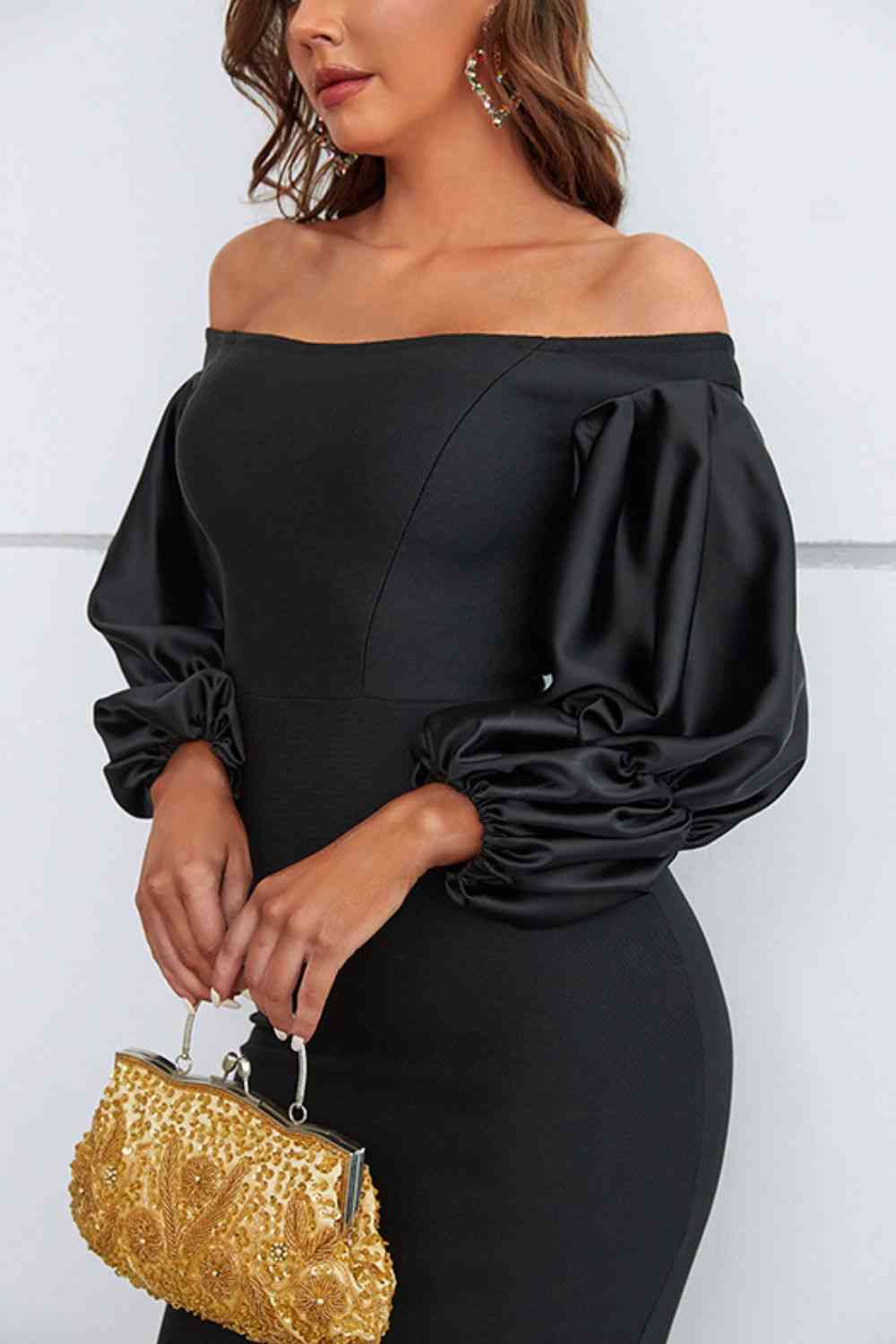 Off-Shoulder Bubble Sleeve Slit Dress - Ladyez