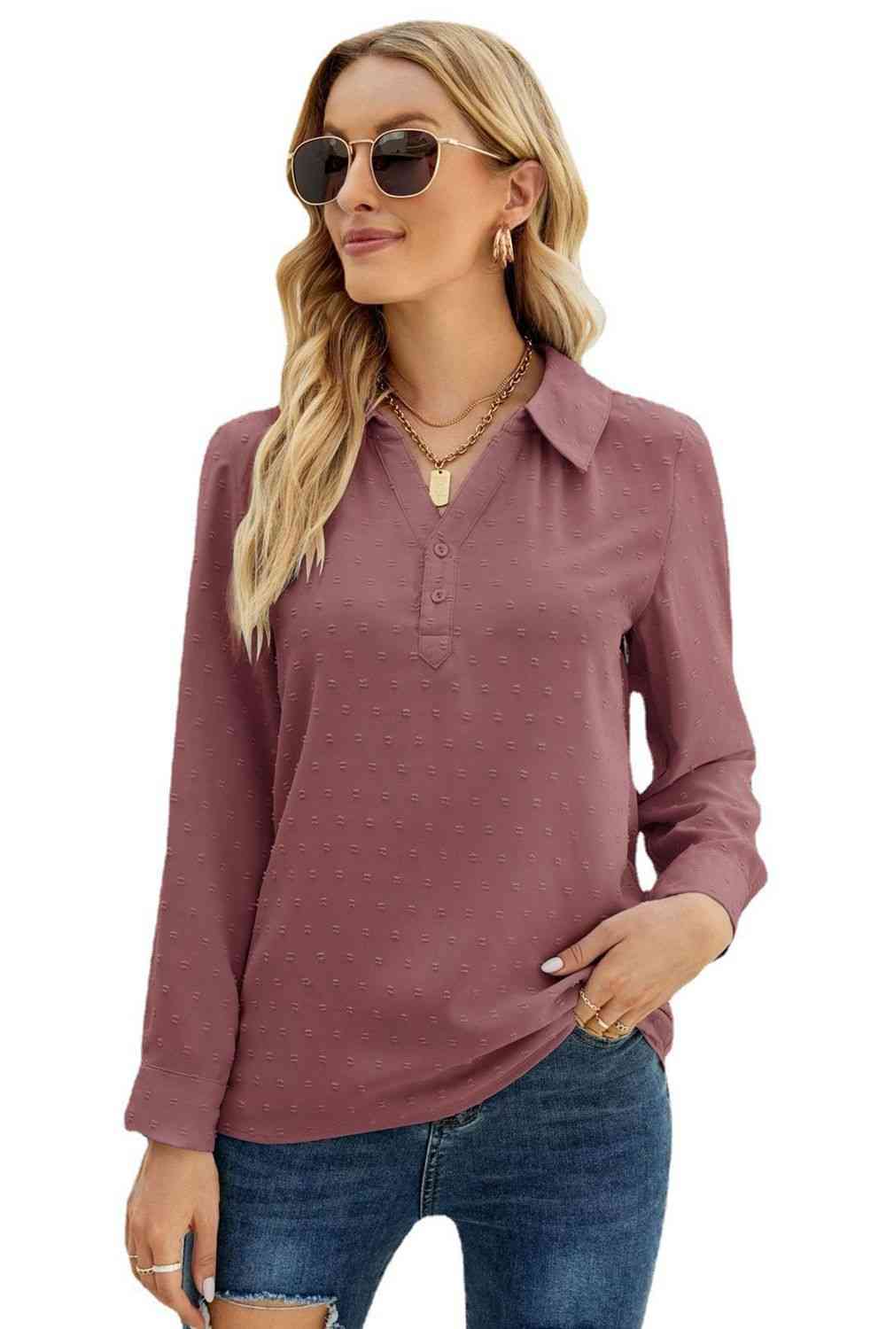 Swiss Dot Johnny Collar Blouse - Ladyez