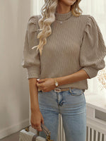 Texture Ruff Sleeve Mock Neck Blouse - Ladyez